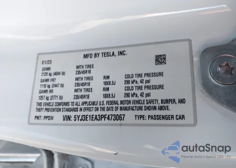 2023 Tesla Model 3 Rear-Wheel Drive из США, поврежденный, VIN 5YJ3E1EA3PF473067